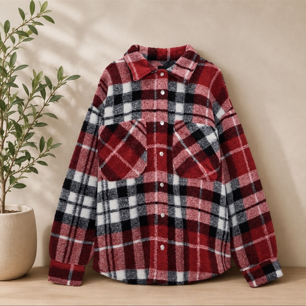 Zara Red Plaid Shacket Oversized Button Front Jacket